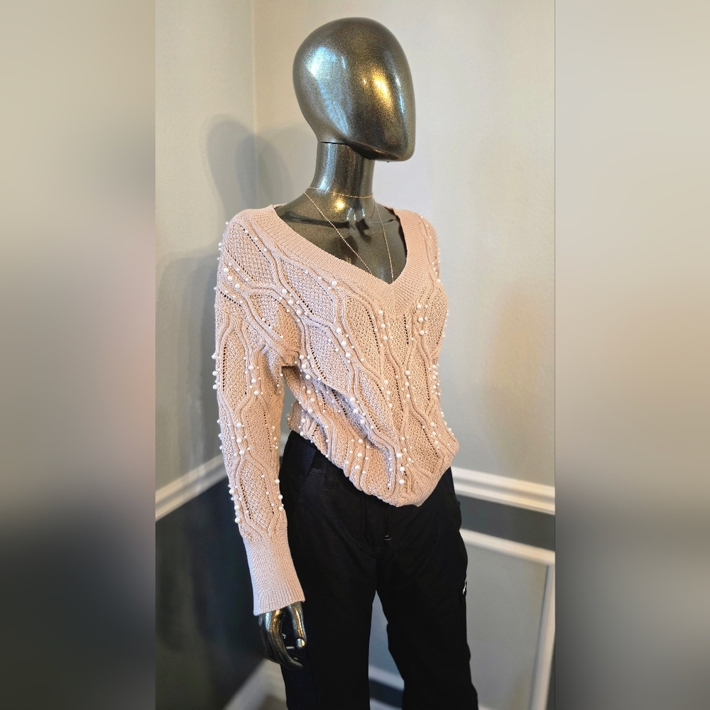 Elegant V-Neck Sweater with Pearl Details